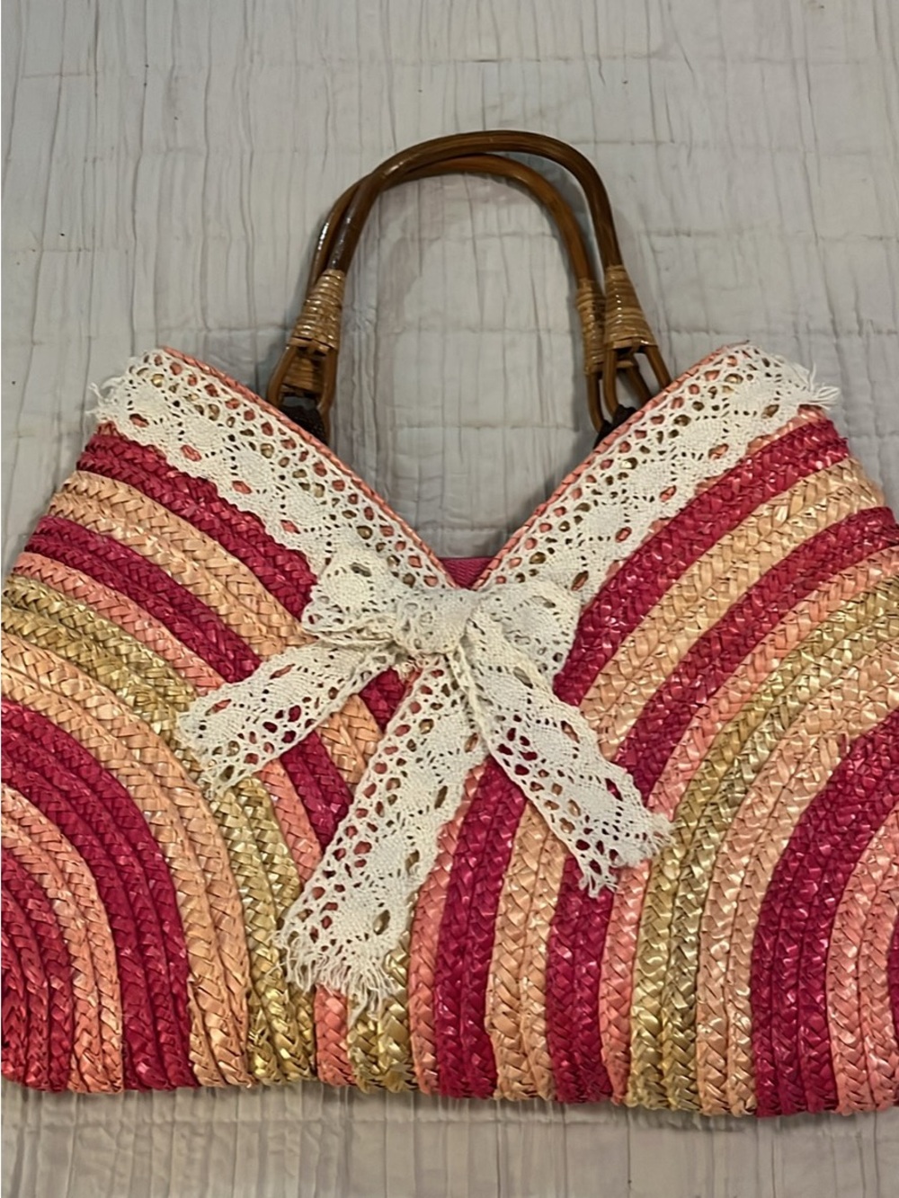 Source Unknown Pink, Peach & Gold Straw Tote with Lace Bow